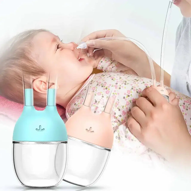 Baby nasal aspirator tool in use, featuring two silicone models, for gentle suction to clear infants' noses.