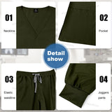 Detailed view of NiaaHinn scrub set features: neckline, pocket, elastic waistline, and joggers.