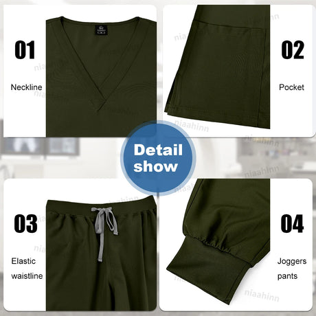 Detailed view of NiaaHinn scrub set features: neckline, pocket, elastic waistline, and joggers.
