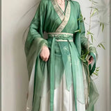 Bamboo green Hanfu dress for women, featuring layered sleeves and floral details, perfect for parties and traditional events.