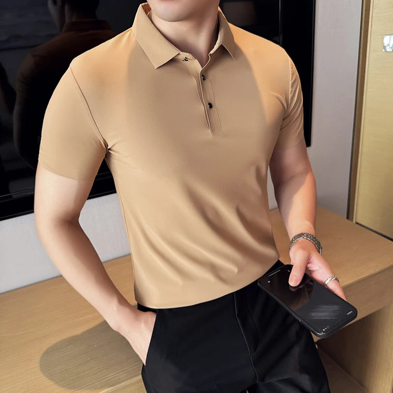 Men Ice Silk Polo Shirt Brown Top