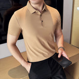 Men Ice Silk Polo Shirt Brown Top