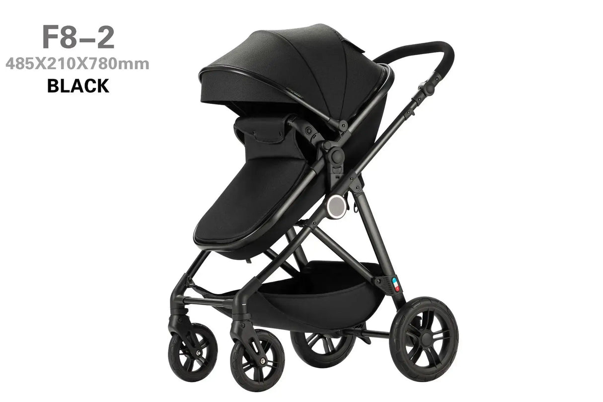 High-view four-wheel baby stroller in black, model F8-2, designed for infants and toddlers, foldable and lightweight.