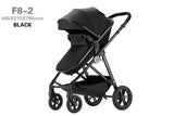 High-view four-wheel baby stroller in black, model F8-2, designed for infants and toddlers, foldable and lightweight.