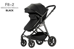 High-view four-wheel baby stroller in black, model F8-2, designed for infants and toddlers, foldable and lightweight.