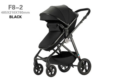 High-view four-wheel baby stroller in black, model F8-2, designed for infants and toddlers, foldable and lightweight.