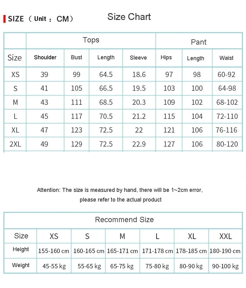 Size chart for breathable medical scrub sets showing dimensions for tops and pants in centimeters.