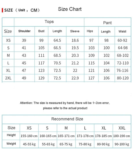 Size chart for breathable medical scrub sets showing dimensions for tops and pants in centimeters.