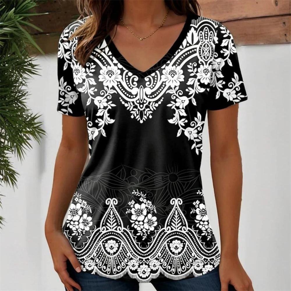 3D Flower Graphic V-Neck Tee in black with white floral design, ideal for women, perfect for casual wear.
