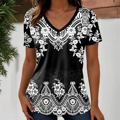 3D Flower Graphic V-Neck Tee in black with white floral design, ideal for women, perfect for casual wear.