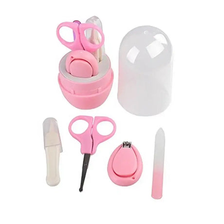 Newborn baby nail scissor set in pink, includes clippers, trimmers, and storage, safe for infants and toddlers.