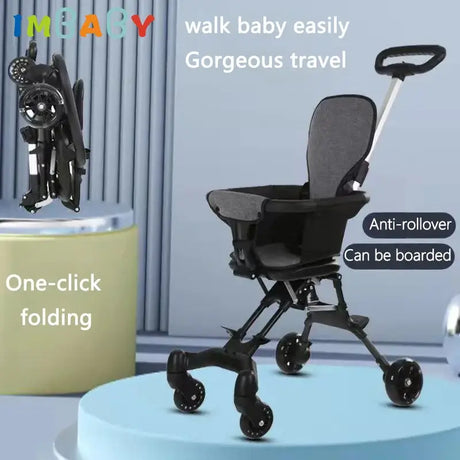 Light foldable baby stroller by IMBABY, featuring one-click folding and anti-rollover design for easy travel.