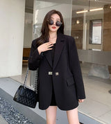 DrapeForm™ – Longline Loose Blazer (Youthful Black Jacket, Layered Elegance)