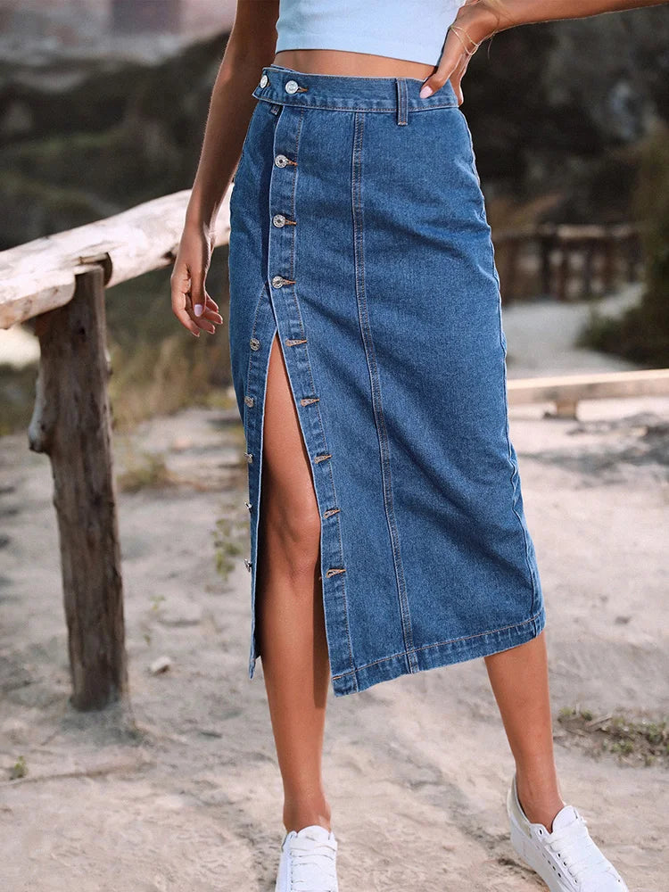 SpiceShape™ – Button Bodycon Denim Skirt (Autumn/Winter Streetwear)