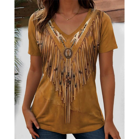 Stylish women's yellow V-neck tee with fringe detail and decorative beading, perfect for casual outfits.