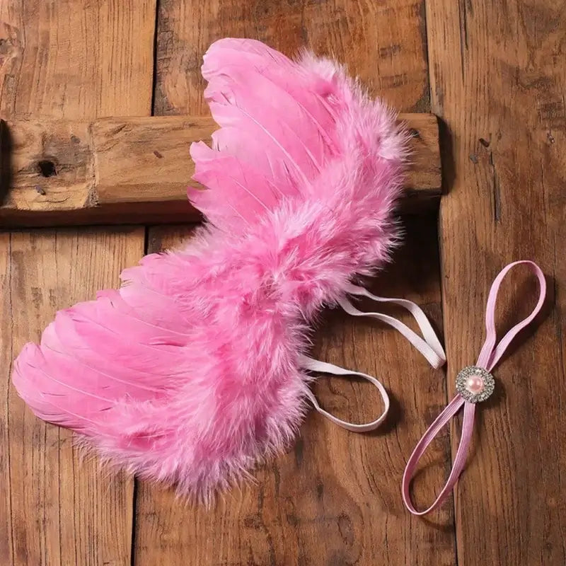 Pink baby angel wing headband photography prop set for newborn photo shoots, unisex costume accessory.