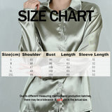 Size chart for SilkAura imitation silk blouse, showing measurements for sizes S to 2XL in centimeters.