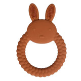 Silicone baby teether glove in brown color shaped like a bunny, designed for soothing teething pain.
