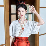 Traditional Hanfu oversized embroidered blouse in elegant white with floral designs, worn by a woman, showcasing classic Chinese fashion.