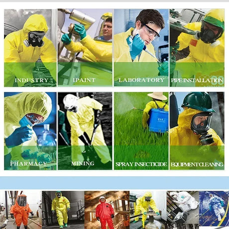 Collage of professionals wearing chemical resistant coveralls in various settings: industry, laboratory, pharmacy, and mining.