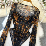Women Square Neck Mesh Print Bodysuit