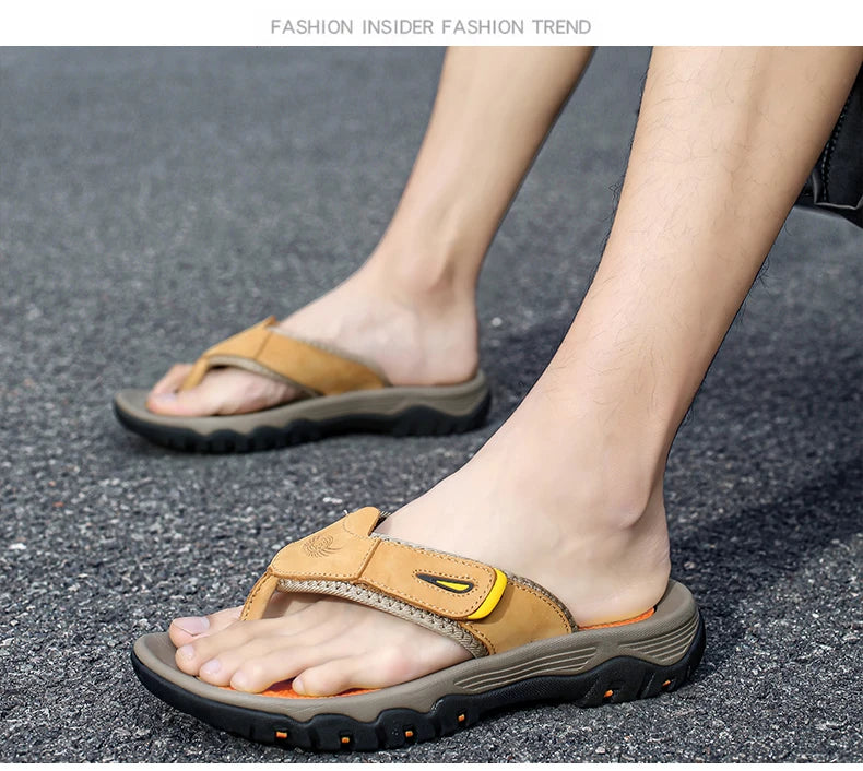 Men Cow Leather Beach Flip Flops Sandals