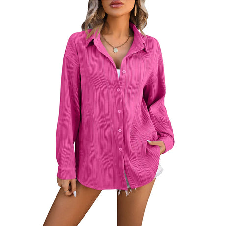 Pink long-sleeve casual blouse for women, featuring a turn-down collar and a loose fit, perfect for spring and autumn.