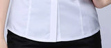 Close-up of a white short sleeve shirt with a slim fit and button detailing, perfect for youthful office style.