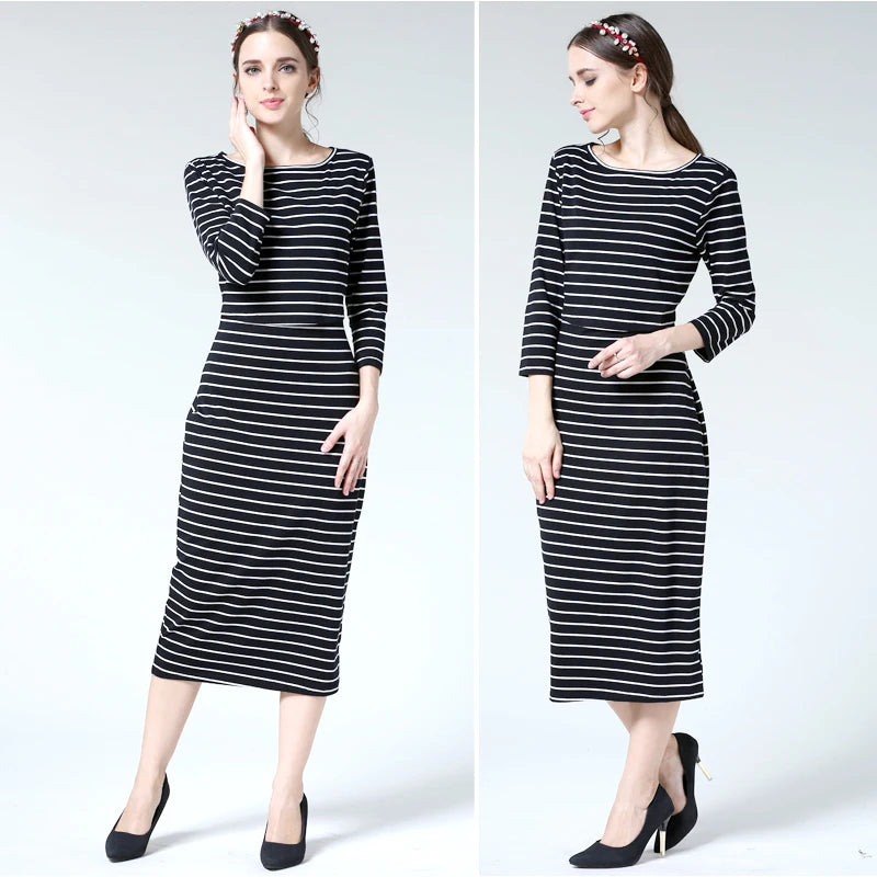 Postpartum nursing maternity dress with 3/4 sleeves and striped pattern, suitable for breastfeeding, knee-length design.
