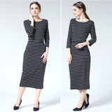 Postpartum nursing maternity dress with 3/4 sleeves and striped pattern, suitable for breastfeeding, knee-length design.