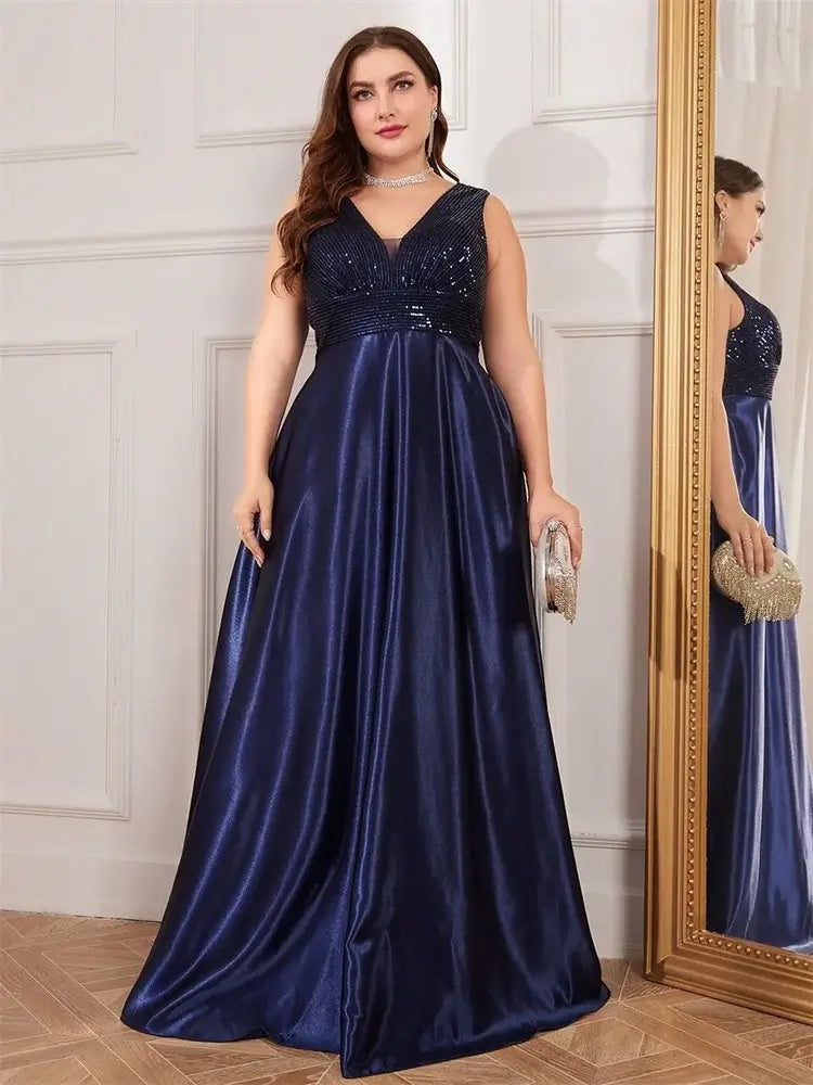 Women Plus Size Satin Sequin Evening Dress Long Prom Gown