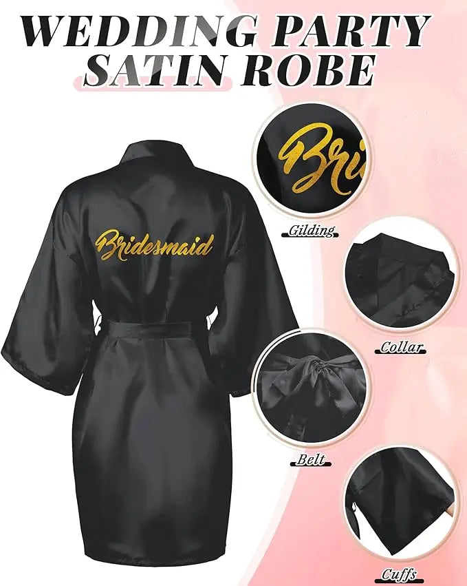 Elegant black satin bridesmaid robe featuring 'Bridesmaid' in gold, perfect for wedding parties and bridal showers.