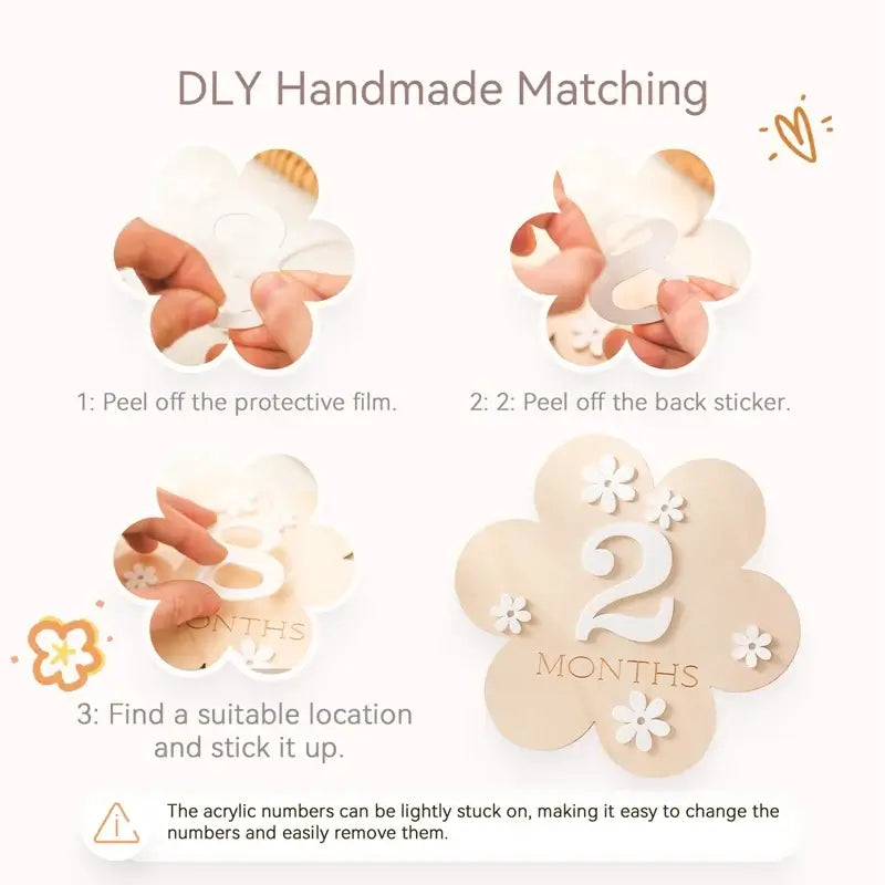 Step-by-step guide for using DLY handmade flower-shaped milestone stickers for babies.