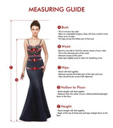 Measuring guide for dress fittings, detailing bust, waist, hips, hollow to floor, and height measurements.