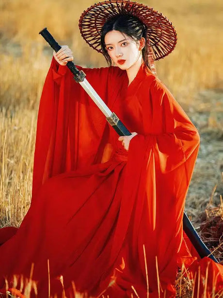 Swordsman Hanfu Costume in wine red, featuring traditional Tang Dynasty attire and sword, perfect for cosplay.