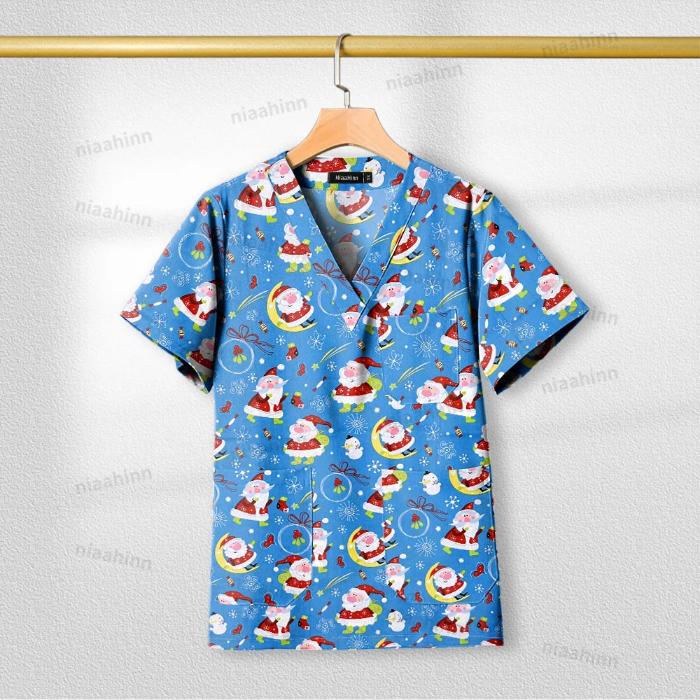 Printed Santa Claus scrub top for healthcare professionals, short sleeve, breathable cotton, festive holiday design.