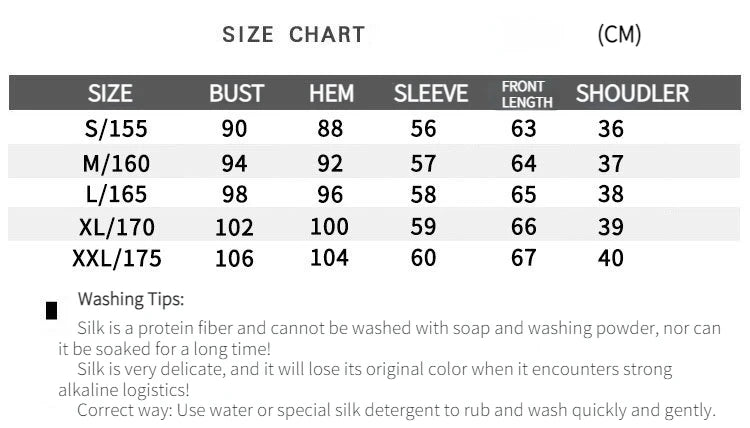 Size chart for SatinGrace™ long sleeve silk shirt, detailing measurements in centimeters for each size.