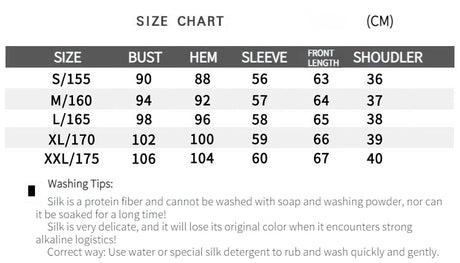 Size chart for SatinGrace™ long sleeve silk shirt, detailing measurements in centimeters for each size.