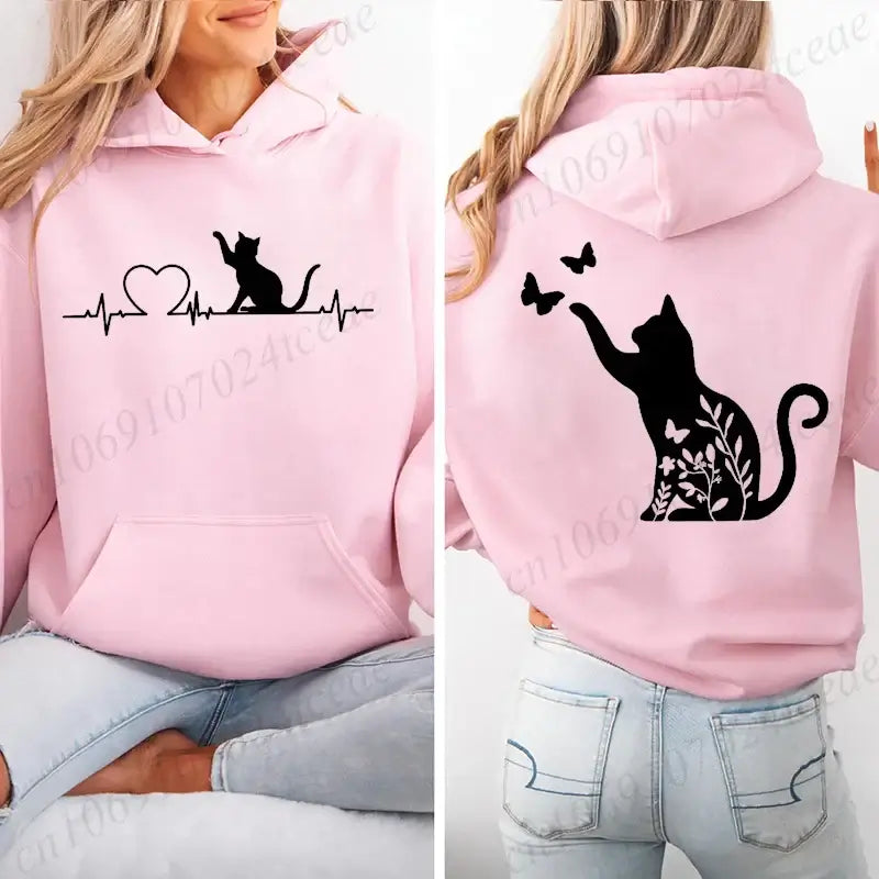 Women Cat Heartbeat Print Hoodie Streetwear Pullover