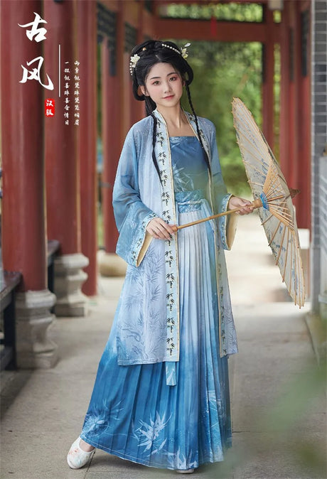 Women’s Hanfu Cosplay dress in blue with floral patterns, showcasing traditional Chinese fashion and elegance.