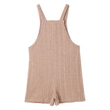 Sleeveless ribbed maternity jumpsuit in natural color, perfect for casual summer wear. Made from cotton and spandex.