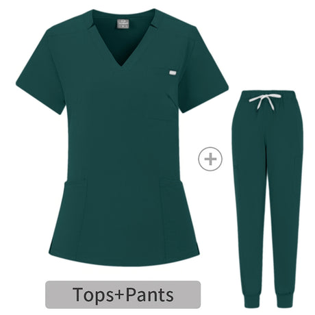 Summer breathable coveralls set featuring a scrub top and pants in dark green, suitable for women in healthcare and beauty industries.
