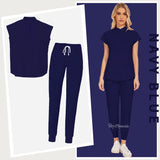 Navy blue elastic medical scrub set for healthcare professionals featuring short-sleeve top and pants.