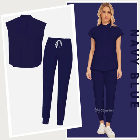 Navy blue elastic medical scrub set for healthcare professionals featuring short-sleeve top and pants.