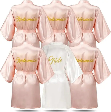 6-piece bridesmaid robe set in satin with 'Bridesmaid' and 'Bride' embroidery, perfect for wedding parties.