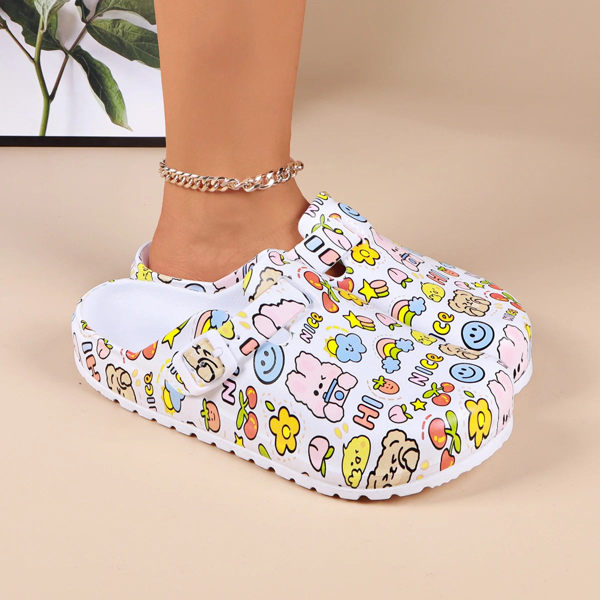 Women Cartoon Print Mule Clogs – Adjustable Buckle Beach Slippers