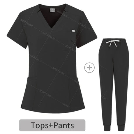 Summer breathable coveralls for women, featuring a scrub top and pants set in black, perfect for hospital and beauty salon use.