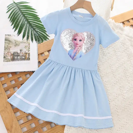 Girls summer dress featuring a heart-shaped sequined Elsa design, perfect for ages 4-6Y. Lightweight cotton fabric.