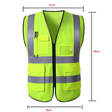 Unisex multi-pocket safety vest in bright yellow with reflective stripes, measuring 41cm shoulder width and 68cm length.