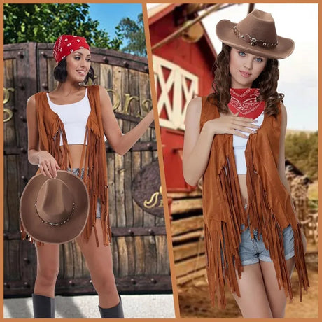Women wearing a 3-piece cowboy costume set with a tassel vest and hat, perfect for themed parties and events.